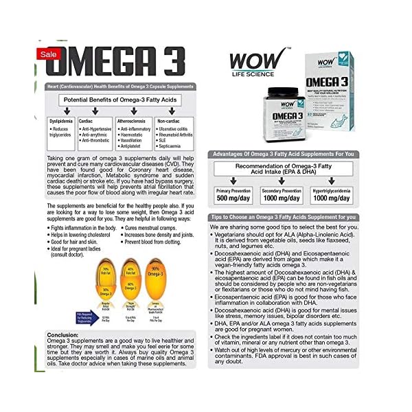 Wow Life Science Omega 3 Fish Oil 1300mg Triple 3X Strength 550 mg EPA & 350 mg DHA for Heart