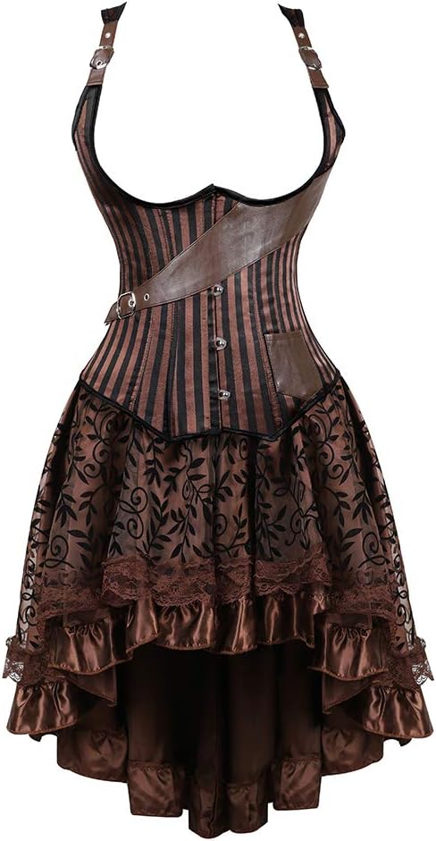 Gothic Steampunk Striped Underbust Corsets with Lace Skirt Plus Size Corset Dress