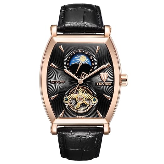 TEVISE Automatische Mechanische Herrenuhr Mondphase Echtes Leder Self-Winding Man Casual Armbanduhr + Box