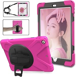 iPad 9.7 2018/2017 Case, ZERMU Heavy Duty Three Layer Shockproof Rugged Cover Hard PC+Silicone Hybrid Impact Resistant Armor Case with Built-in Stand+Hand Strap+Shoulder Strap for iPad 6th Generation