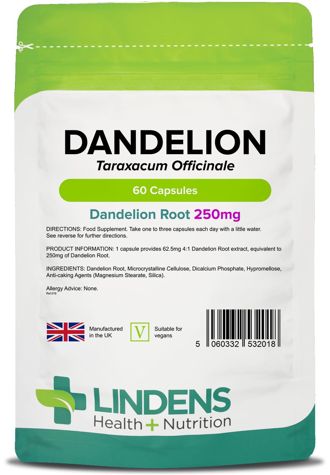 Lindens - Dandelion 250mg - 60 Capsules - UK Made - High Strength Powdered Dandelion Root, Taraxacum Officinale - Traditional Herbal Supplement - GMP - Letterbox Friendly, Vegan