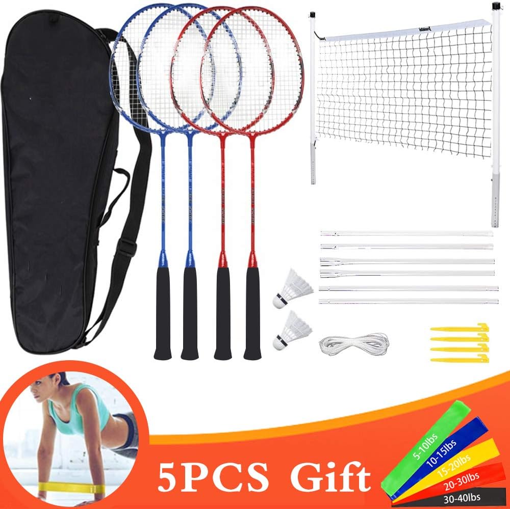 Hook Badminton Set with net for Garden, Badmington Set with Net Badminton Rackets for Kids Adult Perfect Outdoor Games/Lawn Game Includes 4 Badminton Racquets, 2 Badminton, 5 Exercise Bands