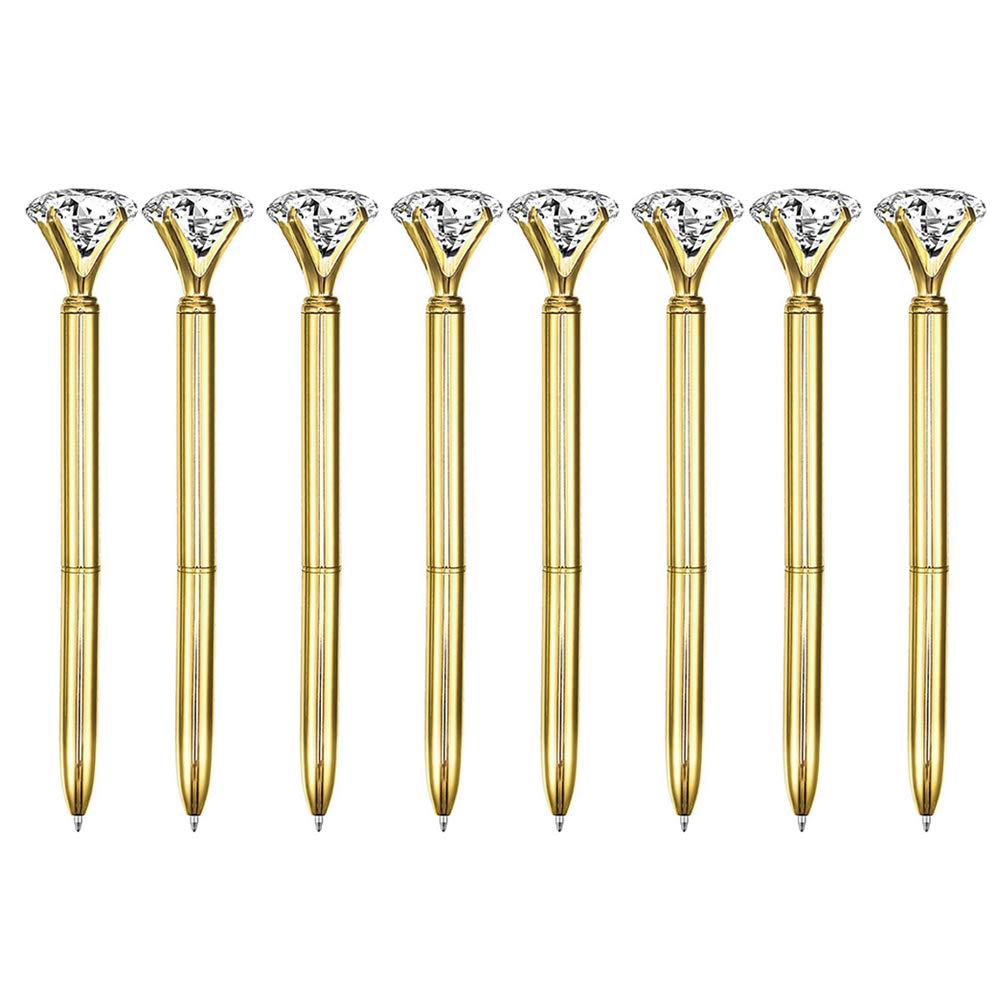 LA HUATE 8pcs Big Crystal Diamond Pens Metal Ballpoint Pens Black Ink Business School Office Supplies, Gold