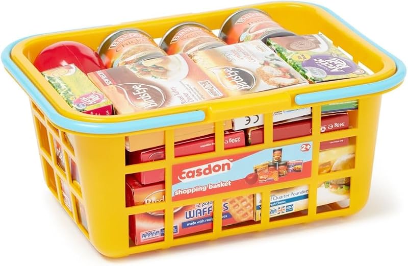 Casdon Colourful Toy Shopping Basket with Branded Food Miniatures 2+ Yellow