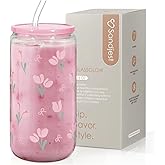 SANDJEST Floral Glass Can, Tulip Iced Coffee Aesthetic Cup, Gift for Christmas Birthday, Gifts for Women Girls, 16oz