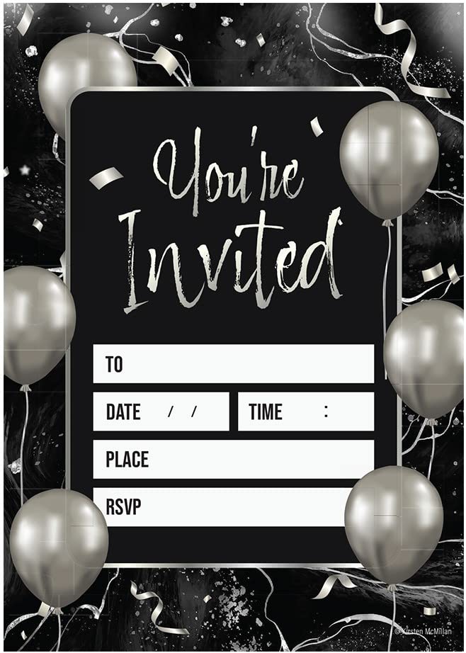 Kirsten McMillan 32 Black & Silver Balloon Birthday Invitations - A6 Birthday Party Invitations Cards for Adults with Envelopes – Invites Designed and Printed in the UK