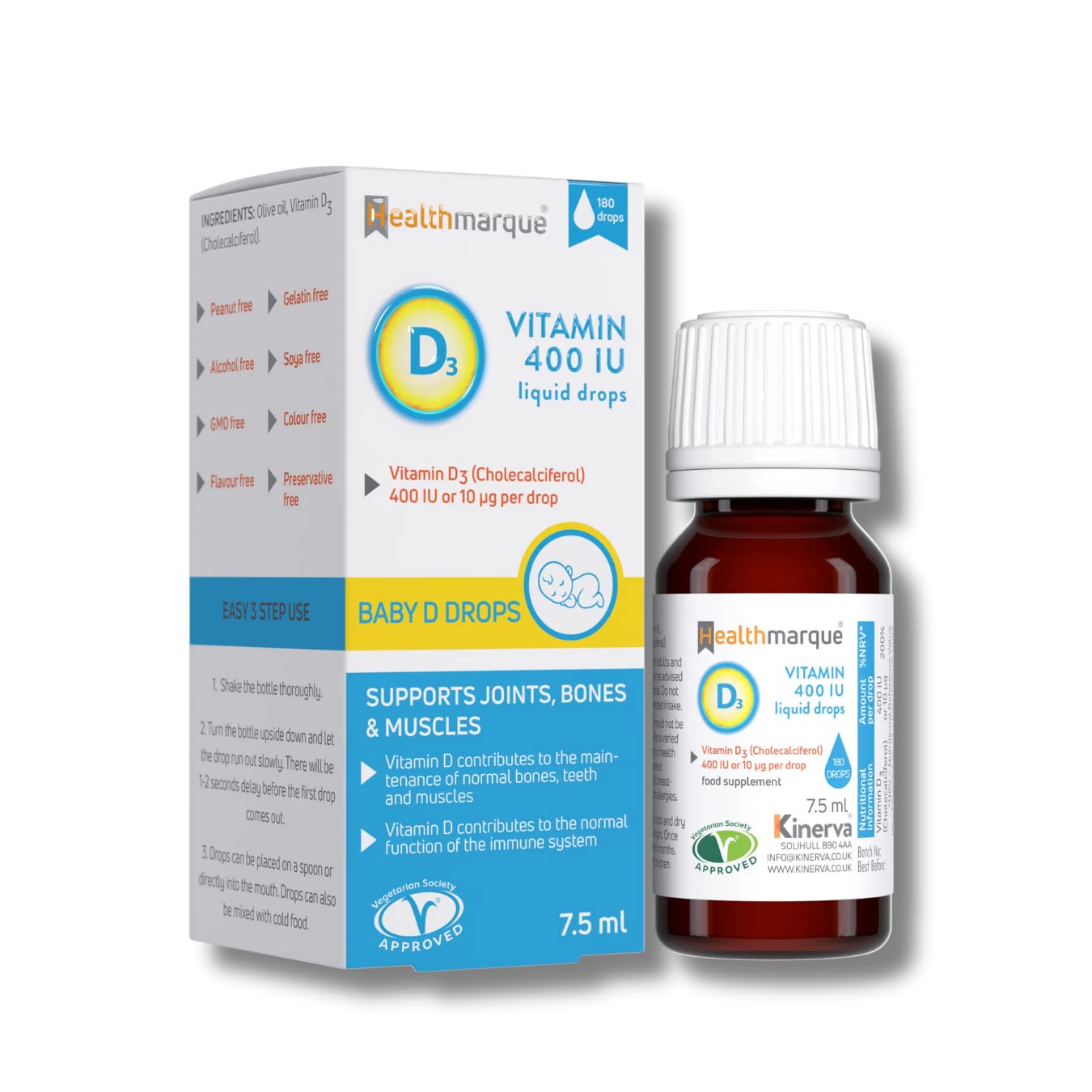 Vitamin D3 Liquid Drops 400 IU - Pure Vitamin D Liquid in Olive Oil for Babies, Children and Adults by Healthmarque (180 doses)