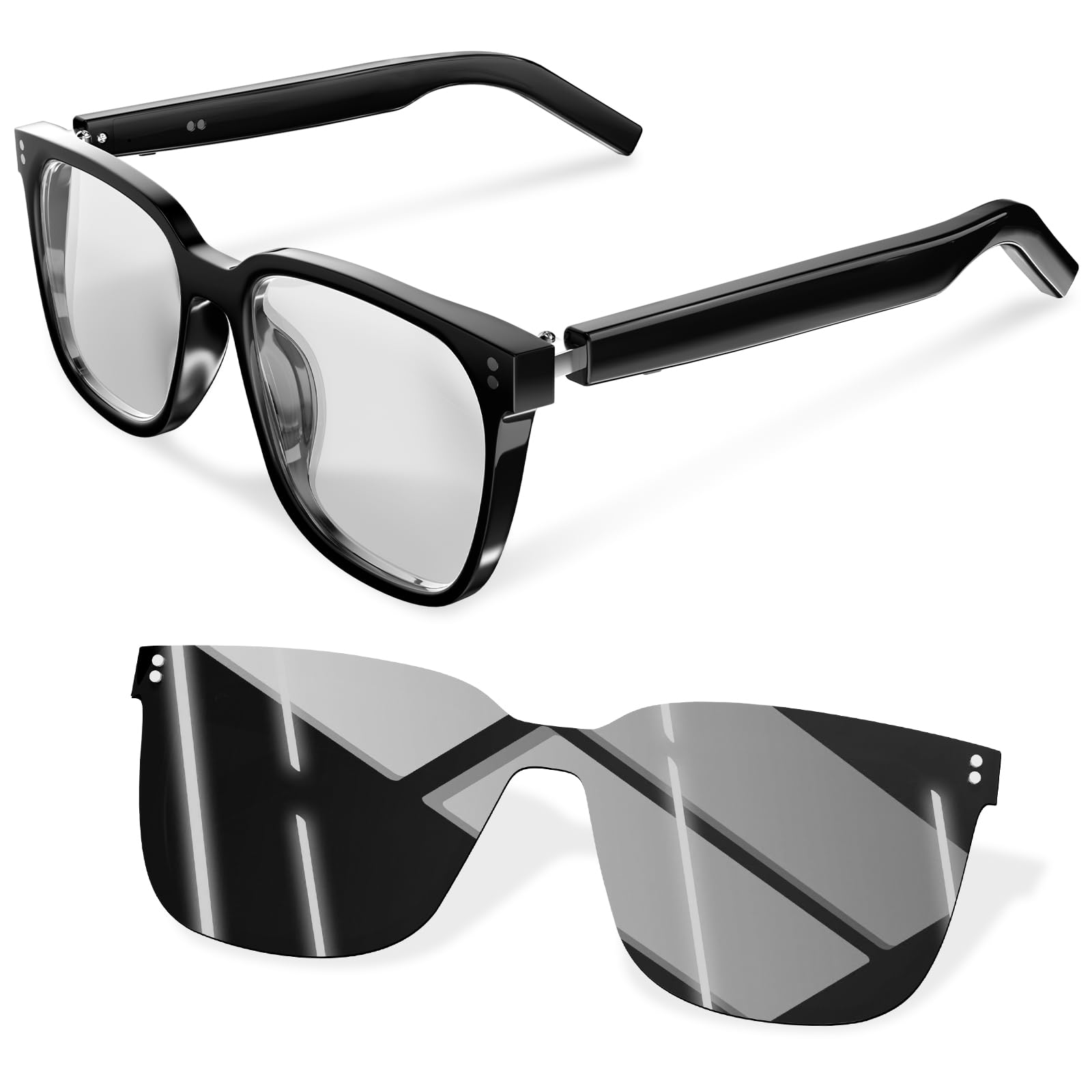 ElecFusion Smart Glasses-Clear Anti Blue Light Bluetooth Glasses + Magnetic Clip-On Sunglasses,UV400 Protection, Hands-Free Calls& Audio, for Indoor/Outdoor