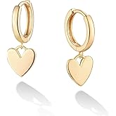 Heart Dangle Hoop Earrings for Women 14K Gold Plated Love Heart Huggies Earrings Hypoallergenic Trendy Minimalist Jewelry