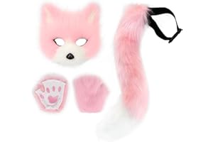 Adolala Faux Fur Fox Tail Cat Wolf Cosplay Costume Set Plush Mask Fluffy Paw Gloves Halloween Christmas Party for Girls Women