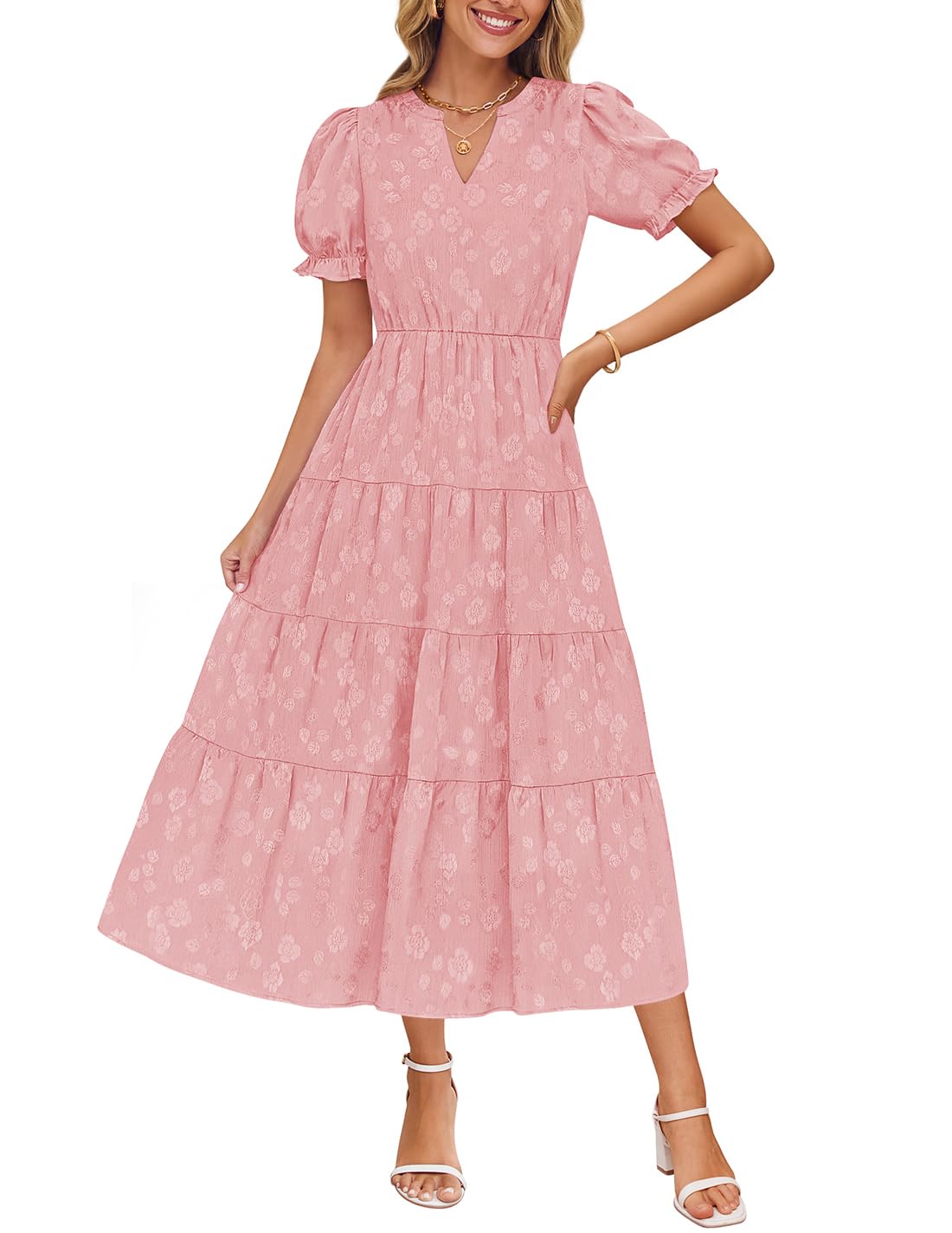 Photo 1 of **SIMILAR TO PHOTO** ZESICA Womens 2025 Summer Puff Short Sleeve Midi Dress Floral V Neck Textured Ruffle Flowy Beach Party Dresses,Pink,Small