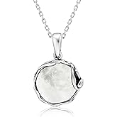 925 Sterling Silver Natural Moonstone Necklace - 14mm White Iridescent Round Gemstone Pendant, June Gemini Birthstone Birthday Present - Unique Handmade Artisan Jewelry, Vintage Style Gift for Women