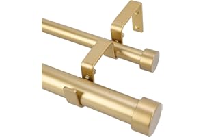 OLV Gold Double Curtain Rods for Windows 36 to 72 Inch(3 to 6 Feet),1 Inch Adjustable Dual Curtain Rod, Heavy Duty Double Drapery Pole with End Cap Design for Living Room, Bedroom, Farmhouse