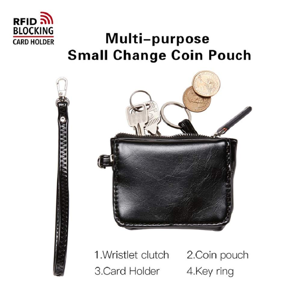 JCTHBAG Womens Small Leather Coin Purse RFID Credit Card Case With Wrist Strap (Black)