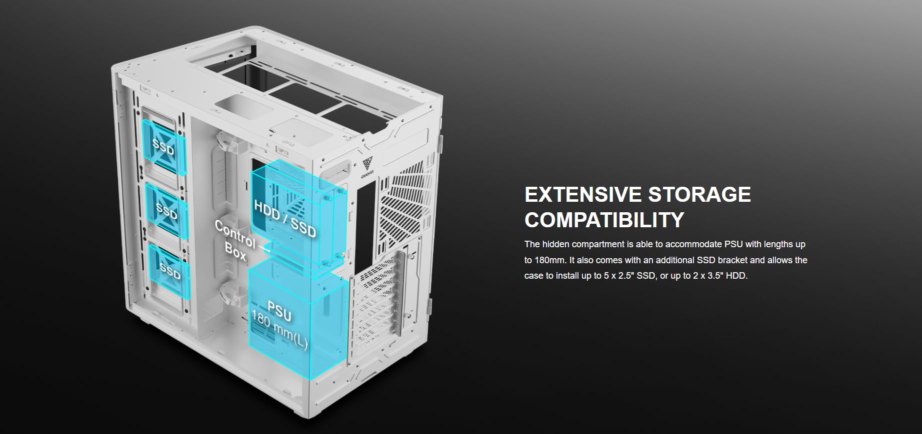 GAMDIAS RGB Dual-Chamber Panoramic Tempered Glass Gaming PC Case; 2-way Standing with Vertical & Horizontal Orientaton and One-touch Open; Computer Case support 420mm AIO & Huge Cable Management Space