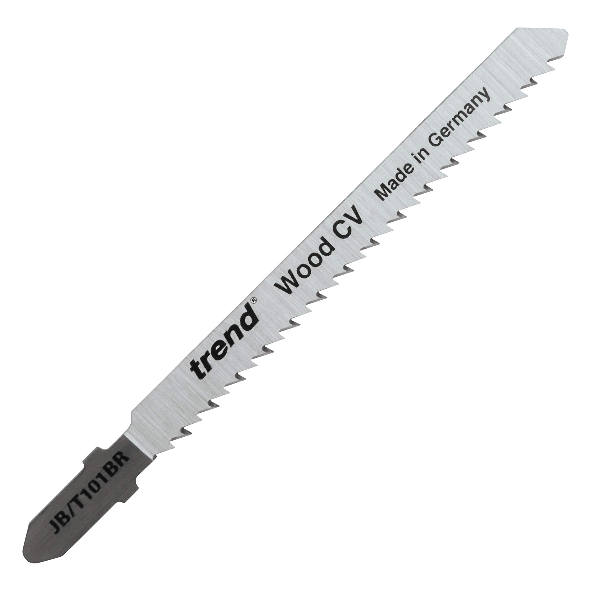 Trend Professional Jigsaw Blades, Pack of 5, 100mm x 2.5mm, CV Down-Cut, Precision Wood Cutting, Universal T-Shank, JB/T101BR