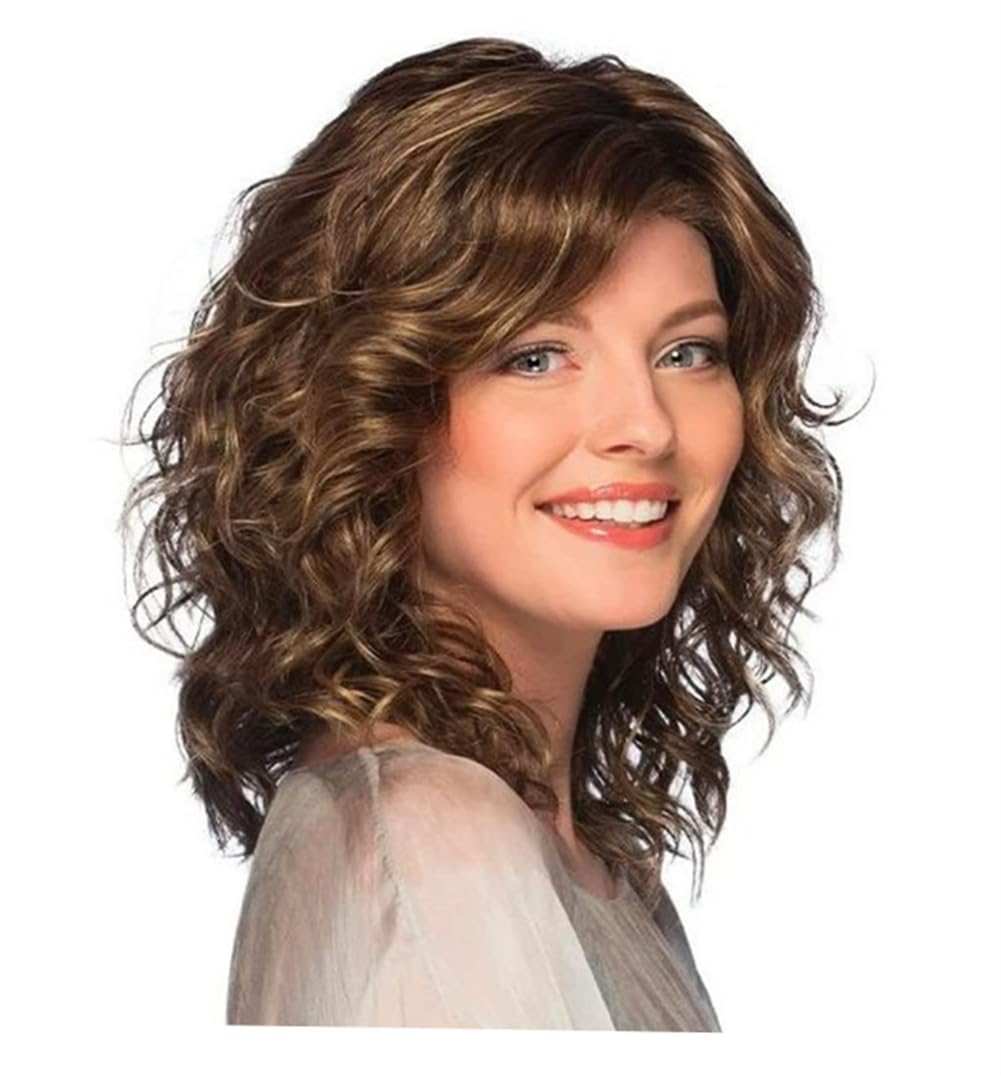 Photo 1 of Luxclipse Short Brown Wavy Real Hair for Women, Layered Design, Lightweight, Glueless, Breathable, Wigs Human Hair Mixed Heat Resistant Synthetic, Tangle-Free, Natural Look (Brown,14 Inch)