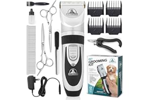 PET UNION Professional Dog Grooming Kit - Cordless Low Noise Dog Clippers for Grooming Thick Coats - All Pet Safe Cat Hair Trimmer - Pet Grooming Kit Includes Dog Hair Clippers, Nail Trimmer & Shears