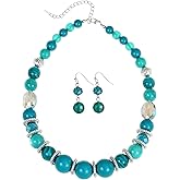 Jules D. Large Beaded Chunky Statement Necklaces Earrings Set Big Multicolor Crystal Round Stone Strand Choker Necklace Silver Fashion Costume Jewelry Set Gifts for Women