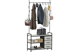 HOMEKOKO Coat Rack Tree Shoe Bench, Hall Tree for Entryway with Drawer Cubby Storage Bench, Wood Look Accent Furniture with Metal Frame, 3-in-1 Design (Greige)