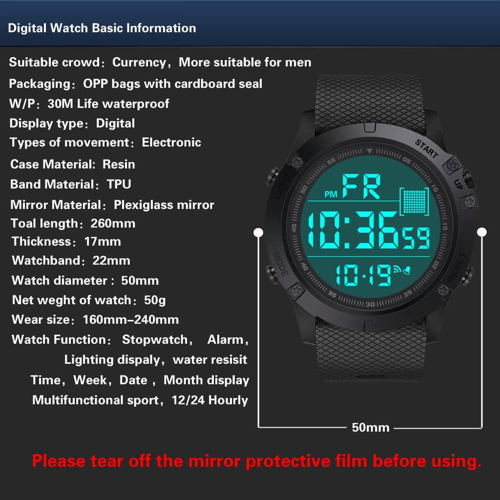 Men's Digital Sports Watch Military Electronic Waterproof Wrist Watches for Men with Stopwatch Countdown Timer Alarm Date LED Backlight