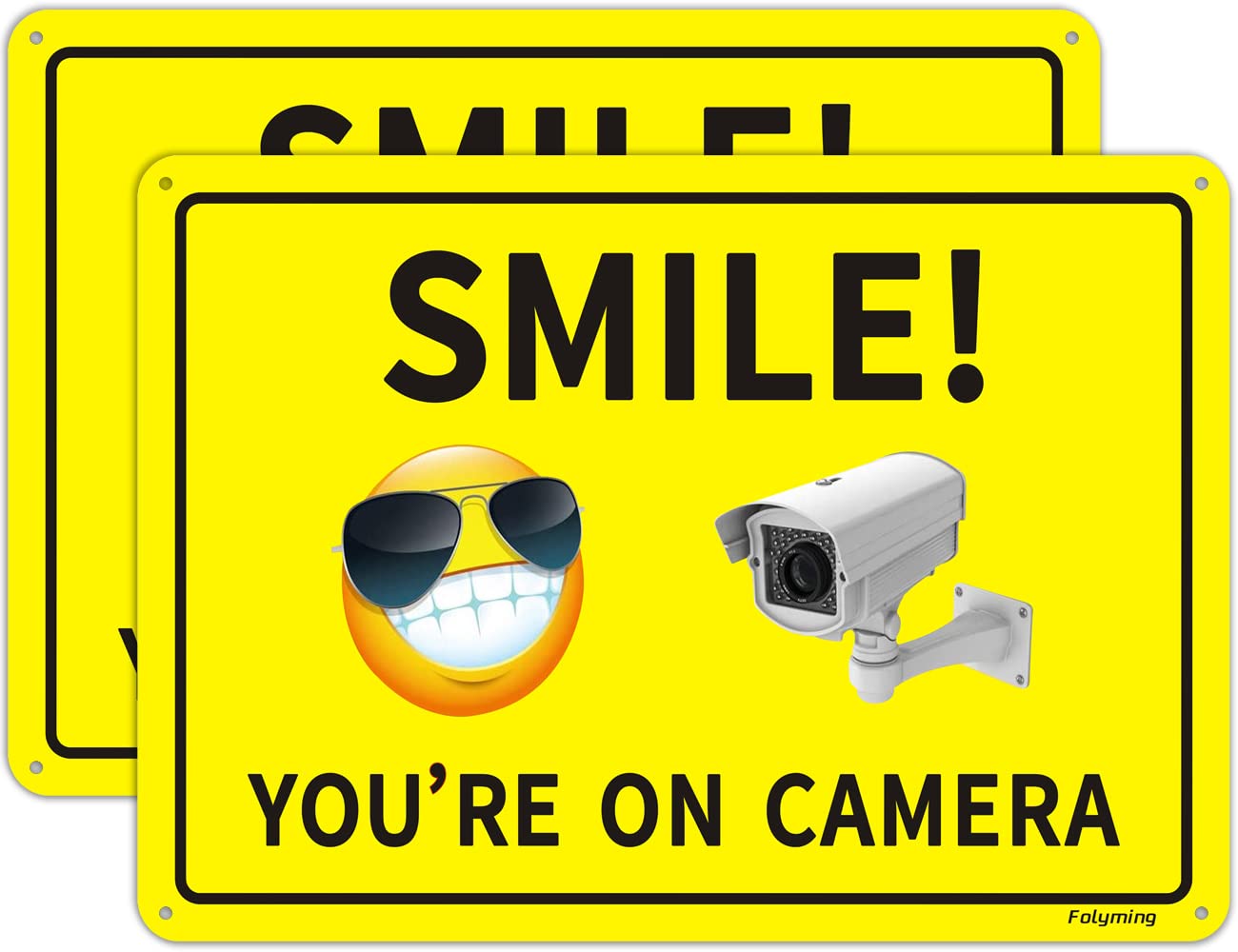 Smile You Are On Camera Signs CCTV Smiley Surveillance Signs 10 x 7 Inches Warning Safety Video Security Sign Metal Rust Aluminum Fade Resistant Easy Mounting Indoor Outdoor Use 2 Pack