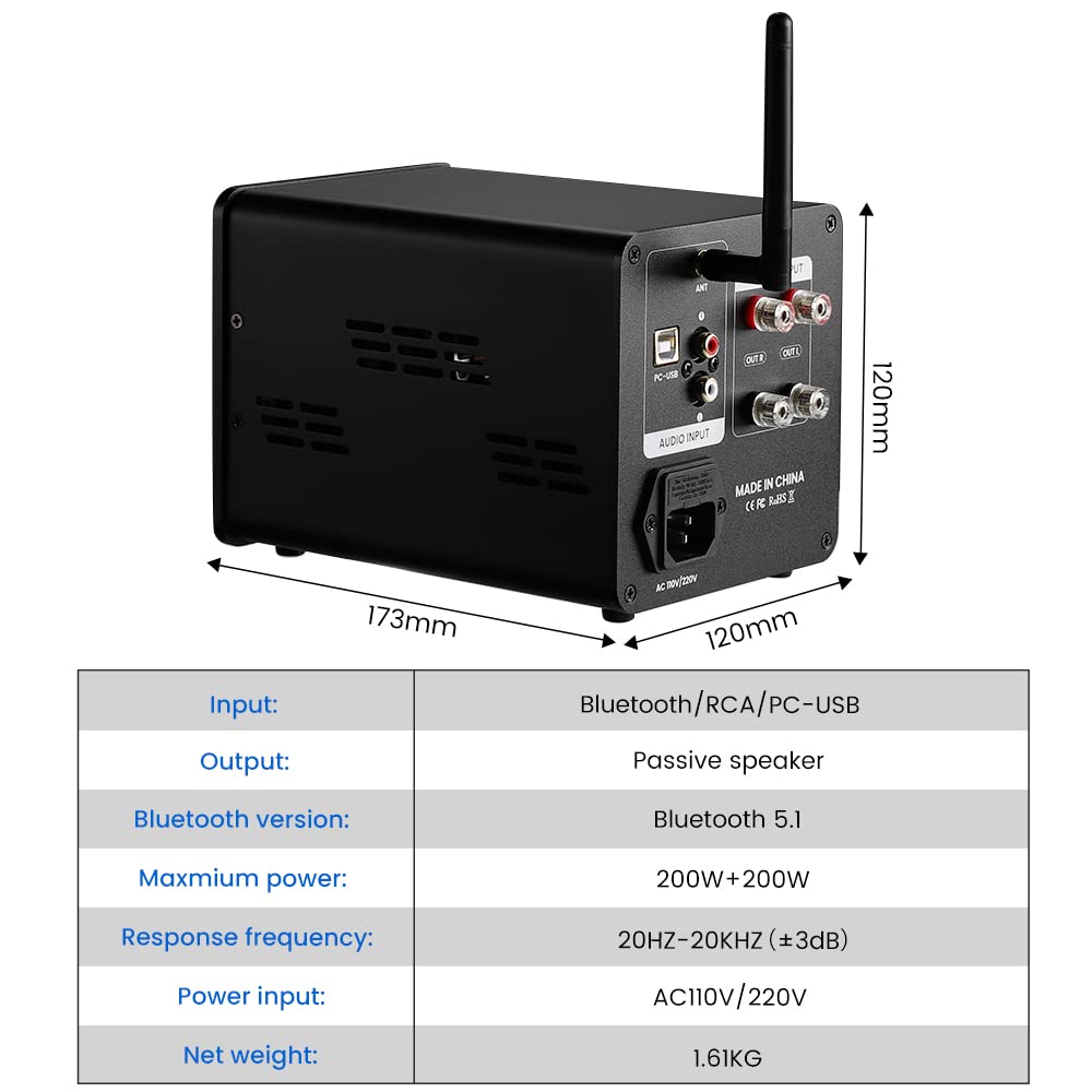 AIYIMA A200 TPA3255 Stereo Amplifier 400W HiFi 2 Channel Class D Amp USB Bluetooth 5.0 Digital Audio Amplifier Receiver Built-in Power Supply Support APTX-HD for Home Audio Bookshelf Speaker