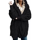 Zilcremo Women Hooded Cardigan Fuzzy Jacket Winter Open Front Fleece Coat Outwear with Pockets