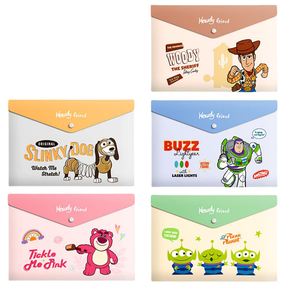 FASHION YO 5PCS Plastic Wallets A4, 5 Different Designs Plastic Folders Stch Popper Folder with Snap Closure, Lightweight Wallets for Document Office School Organization for Kids Adults (Toy)