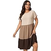 winkbay Women's Plus Size Color Block Ruffle Dress Summer Casual Crew Neck Short Sleeve Flowy Vacation Dresses