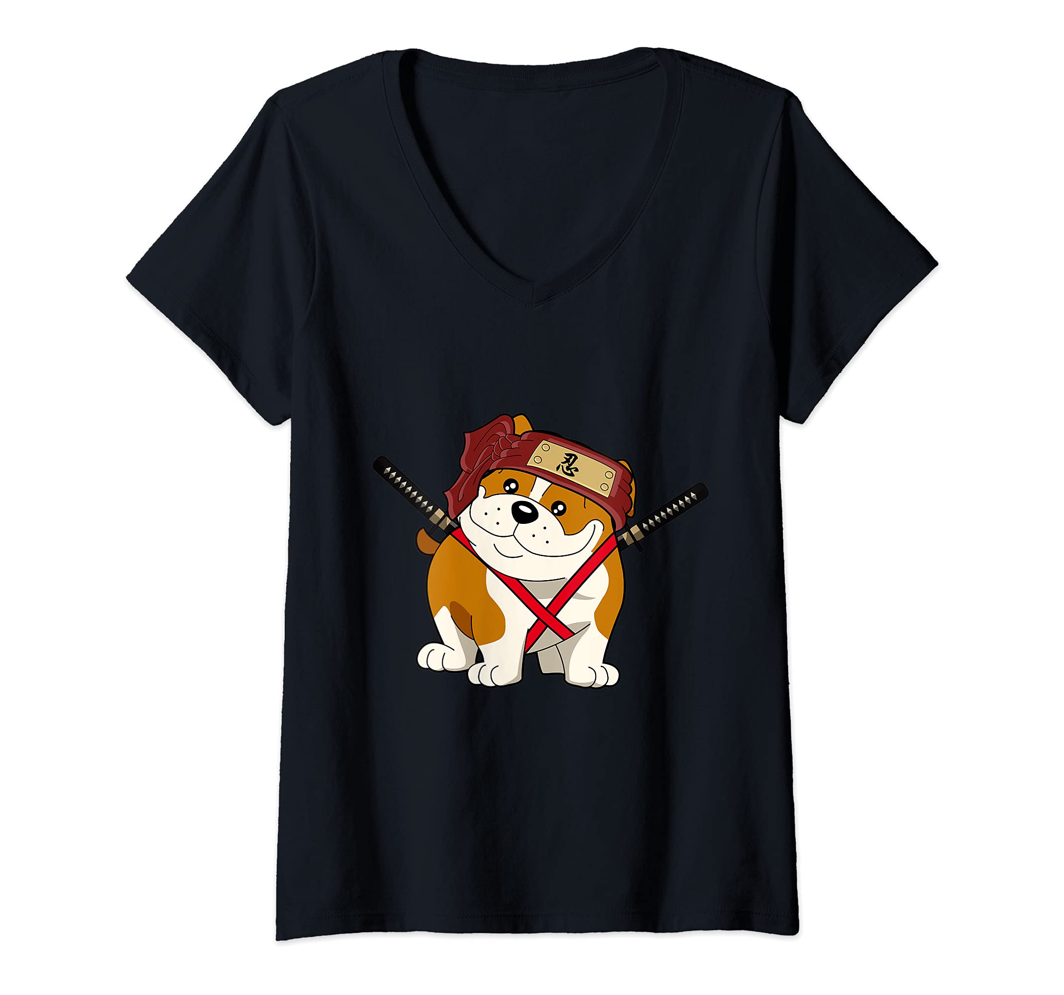Womens Ninja Bulldog Dog Cute Japanese Anime Easy Halloween Costume V-Neck T-Shirt