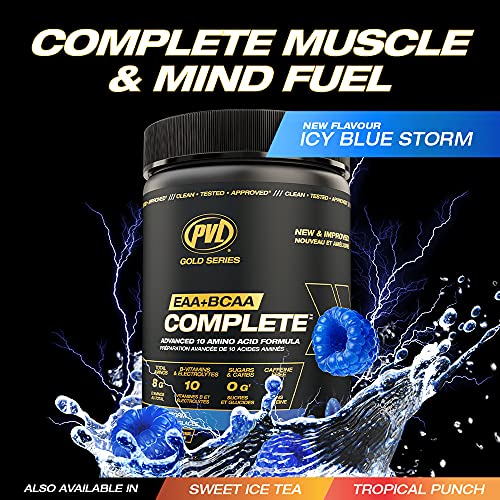 PVL EAA+BCAA COMPLETE – Essential Amino Acid Supplement with BCAAs, Electrolytes & B-Vitamins – Pre, Intra or Post Workout Powder – Keto & Vegan Friendly – Icy Blue Storm, 30 Servings