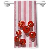 GDJIEGBC Pink Striped Tomato Kitchen Towels,16x24 Inch, Farmhouse Cherry Tomato Dish Tea Towels for Kitchen, Retro Rustic Lycopersicum Fruit Decorative Hand Towels for Bathroom