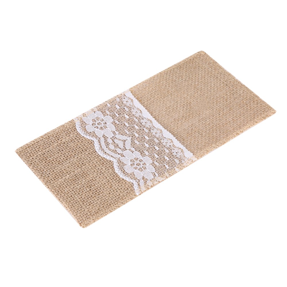 Zerodis Jute Lace Cutlery Holder Natural Burlap Hessian Cutlery Holders for Silverware Napkin Vintage Shabby-chic Tableware Cover Knife Forks Pocket Bags for Wedding Table Decoration
