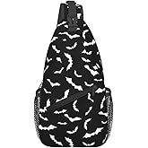 QISENTIS Bat Sling Bag for Women Crossbody Bag Swarm of White Flying Bats Silhouettes on Black Background Sling Backpack for Men Cool Animal Print Shoulder Bag Gym Sports Travel Hiking Daypack