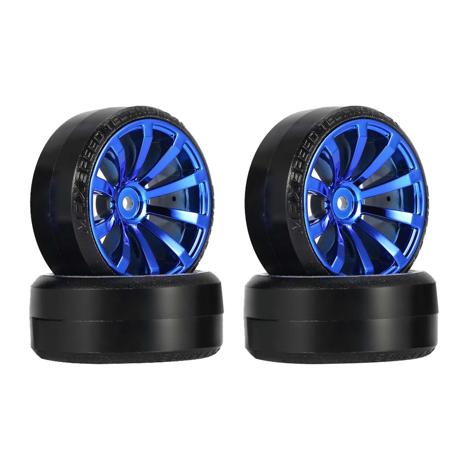 KEEDA 4PCS Hard Tires and 10-Spoke Plastic Wheels for 1/10 HSP Tamiya HPI Kyosho RC Drift Car (Blue)