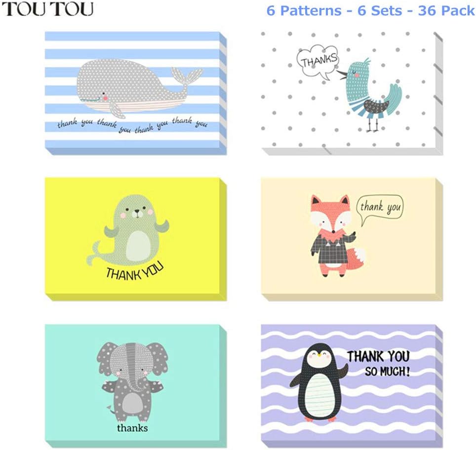 TOUTOU 36 Pieces Assorted Pack Thank You Cards with 36 Envelopes and 36 Stickers for Wedding, Graduation, Baby Shower, Bridal Party, Anniversary - Blank Inside 4x6 inch (Animal)