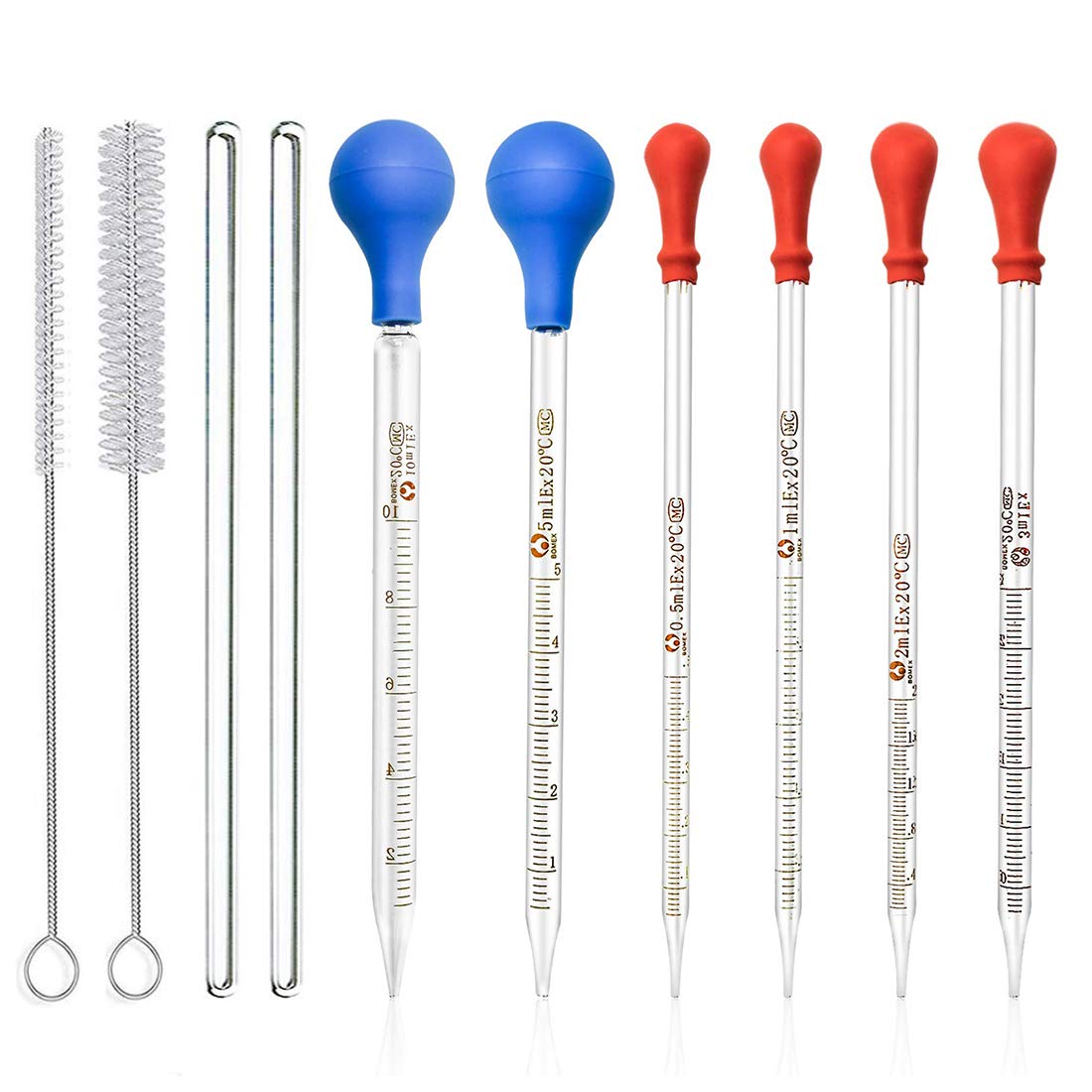 Glass Pipettes, JESSTOLO 6pcs Glass Graduated Dropper Pipette 0.5ml,1ml,2ml,3ml,5ml,10ml with Rubber Cap, 2pcs Droppers Cleaning Brush and 2pcs Glass Stirring Rod for Laboratory Chemistry Use