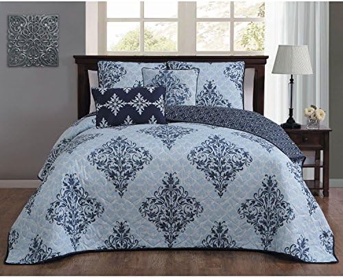 5 Piece Blue Damask King Size Quilt Set, Beautiful Bohemian Chic Geomectric Motif Floral Flowers, Geomectrial Vintage Modern Indie Victorian, Reversible Bedding, Microfiber