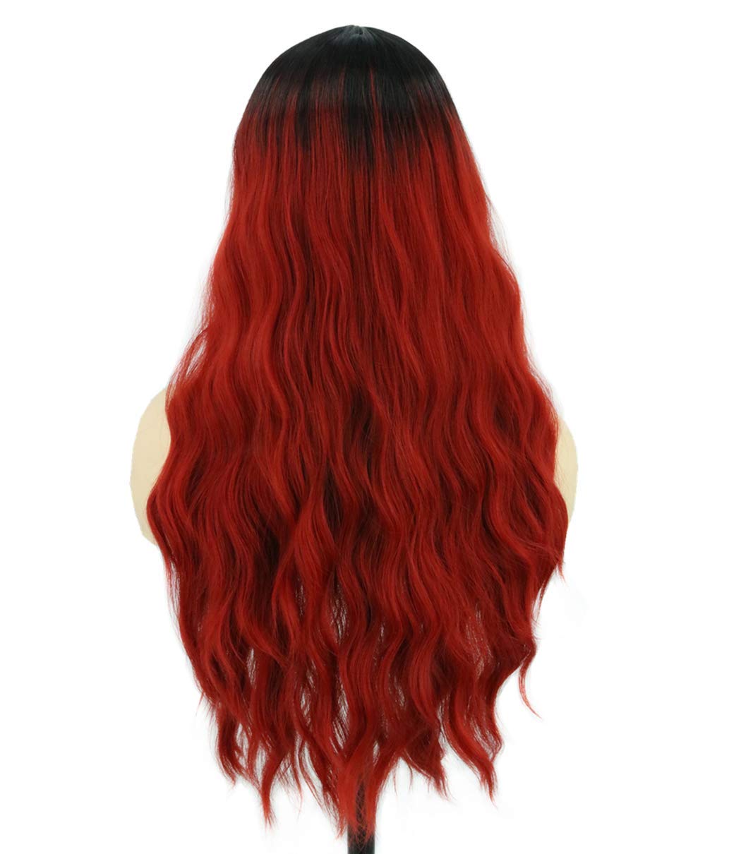 Topcosplay Women's Long Wavy Wig with Dark Roots Natural Looking Ombre Synthetic Wig for Cosplay Daily Use (Red)