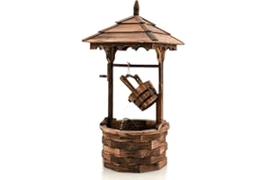 Giantex Rustic Wishing Well Fountain, Outdoor Wooden Water Fountain with Electric Pump, 5 Adjustable Water Flow Rates, Water Bucket, Freestanding Decorative Wishing Well for Backyard Patio Garden
