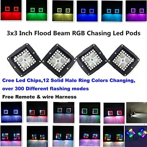 IOV LIGHT 4pcs 3x3 Inch 16W Cree Led Cubes Flood Beam with RGB Halo Ring Chasing RF Remote Controller Many Flashing Ways Led Emergency Light for Off road Truck 4x4 Jeep 4wd ATV UTV Boat Led Fog Light
