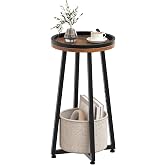 HOOBRO Small Round Side Table, 2-Tier Round Sofa End Table | Compact Nightstand with Cotton Linen Storage Basket, for Small Space, Living Room, Bedroom, Dorm, Rustic Brown