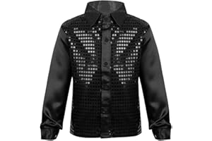 renvena Kids Boys Choir Jazz Dance Performance Glittery Sequined Long Sleeve Spread Collar Shirt