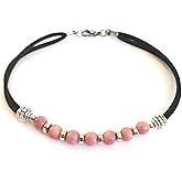 BOOT JEWELRY SHOP Dusty Rose Rhodochrosite Anklet Waterproof Black Micro-Suede Cord Beach Poolside Friendly Gemstone Ankle Bracelet Surf And Coastal Jewelry for Women 10-Inch
