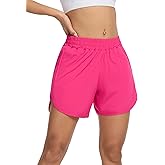 SILKWORLD Women High Waisted Athletic Shorts 5" Lightweight Split Legs Short for Gym Workout with Liner and Zipper Pocket, Rose Red, X-Large