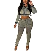 Voghtic Womens Two Piece Sets Denim Outfit Long Sleeve Zip Up Cropped Jean Jacket Skinny Jeans Chic Set