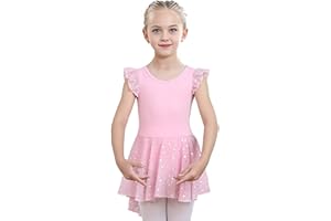 LUOUSE Elegant Dance Ballet Leotards For Girls, Little Kids Solid Classic Ruffle Sleeve Tutu Skirted Dress