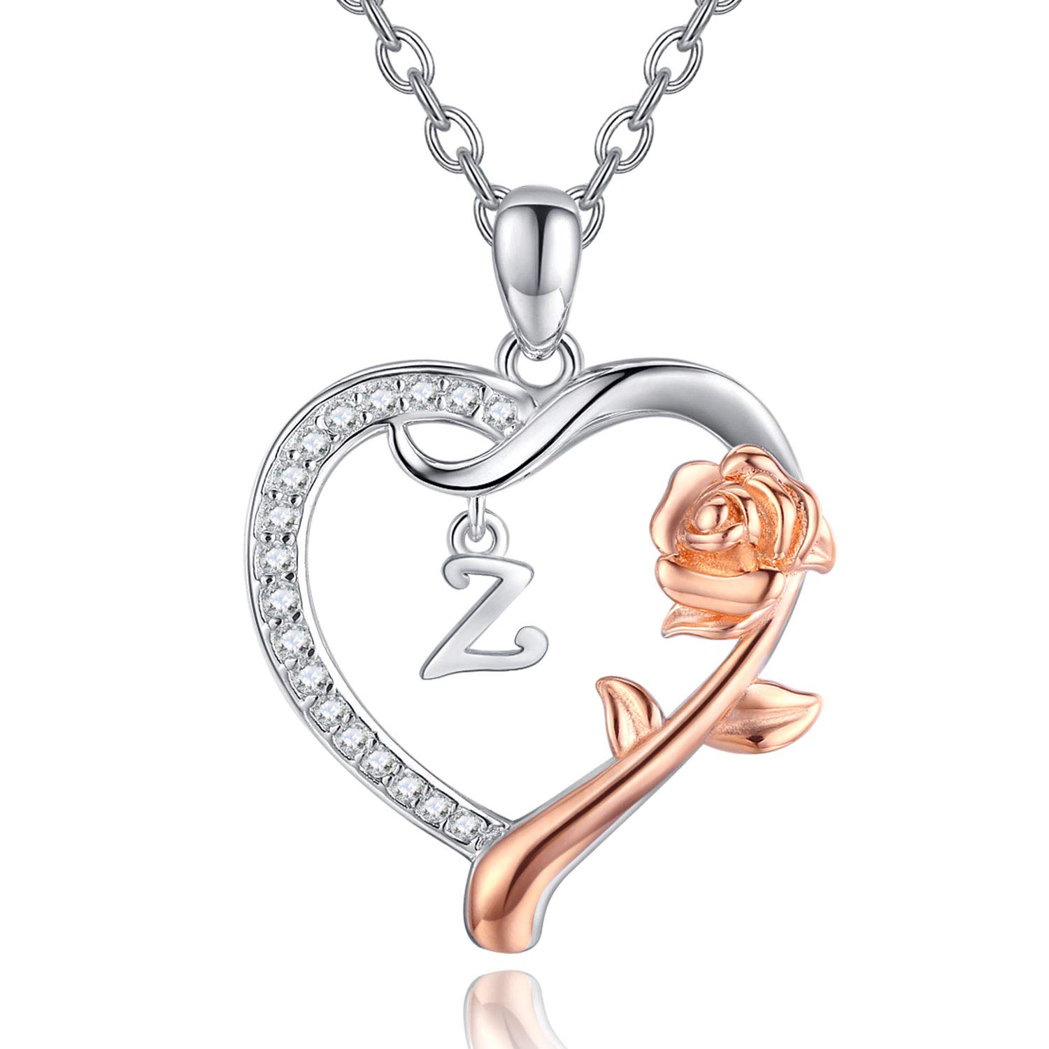 Initial Necklace Sterling Silver Alphabet Roseflower Heart Letter Pendant Necklaces Personalised Jewellery Letter Necklaces Gift for Women Girls (Z) — image 1