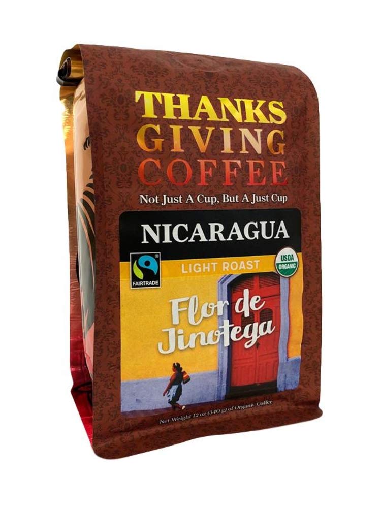 Thanksgiving Coffee "Nicaragua Flor de Jinotega Light Roast" Light Roasted Fair Trade Organic Shade Grown Whole Bean Coffee - 12 Ounce Bag